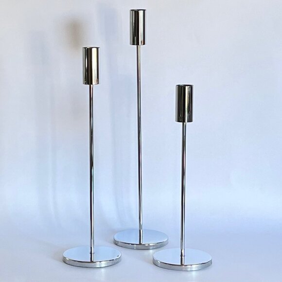 Set of 3 Mid Century Modern Style Chrome Graduated Tiered Candle Stick Holders - Picture 7 of 7